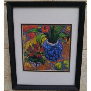 JAE DOUGALL Floral Print  12 X 15 w/ Black Frame Double Matted- WIDE VASE Blue